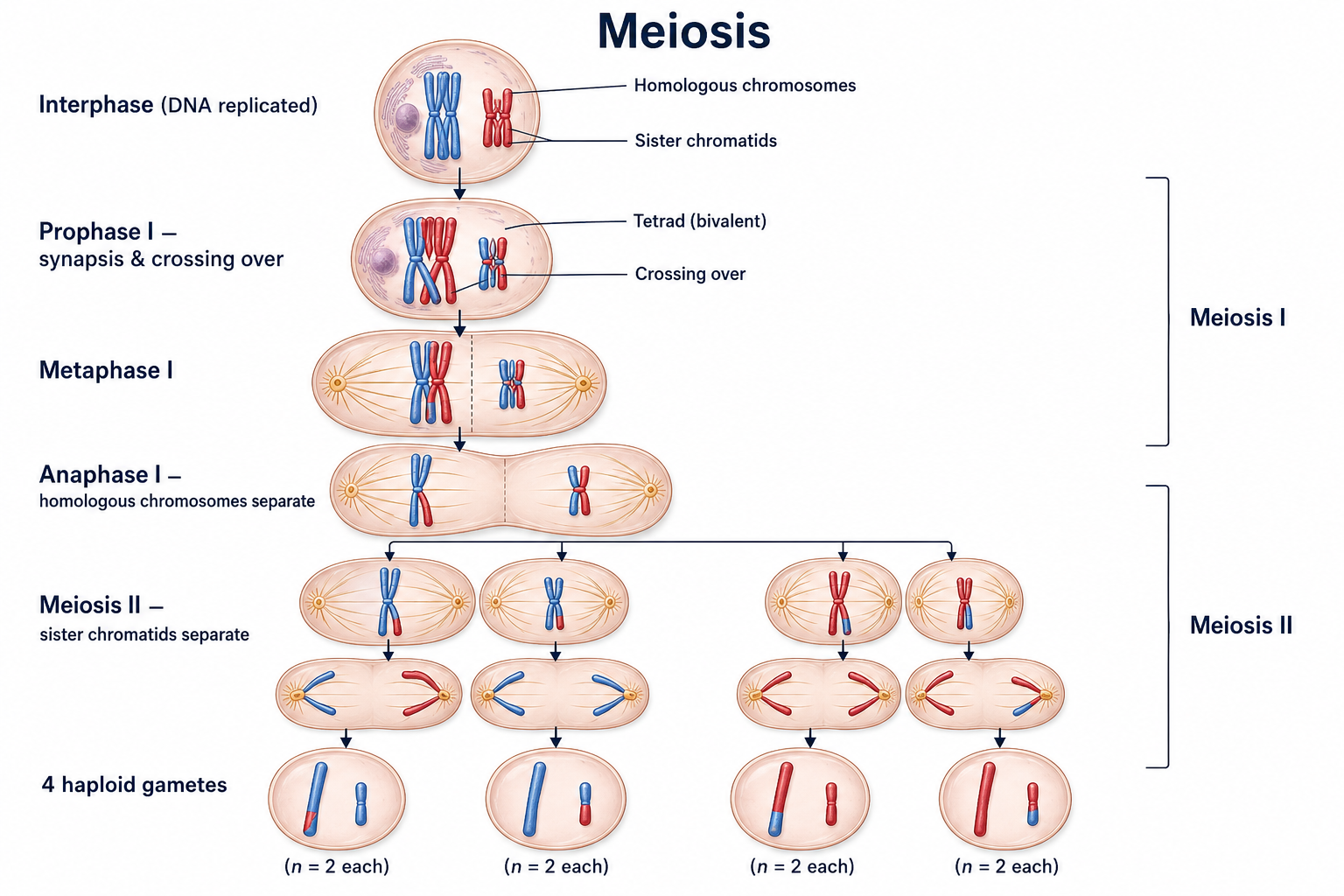 Meiosis of a diploid cell (2n=4). After DNA replication in interphase, prophase I pairs homologous chromosomes into tetrads and crossing over swaps segments; meiosis I separates the homologous chromosomes; meiosis II separates the sister chromatids. The result is four genetically varied haploid gametes (n=2 each), some carrying recombinant chromosomes.