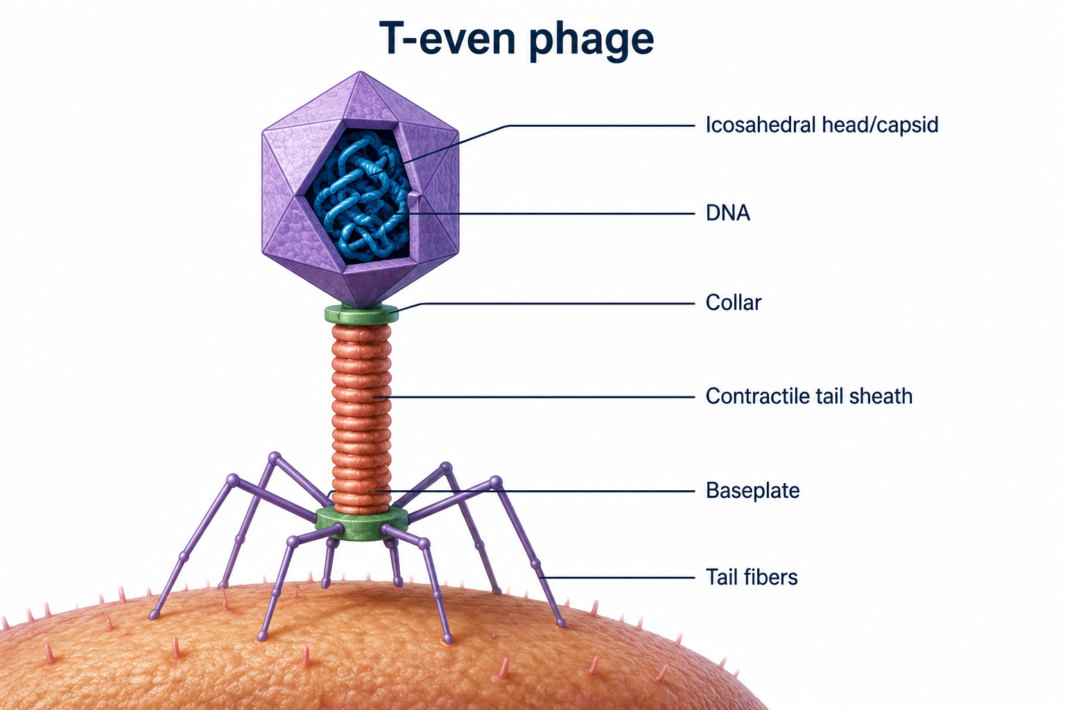 A labeled T-even bacteriophage: an icosahedral head/capsid enclosing its DNA, a collar, a contractile tail sheath, a baseplate, and tail fibers contacting the surface of a bacterial cell.