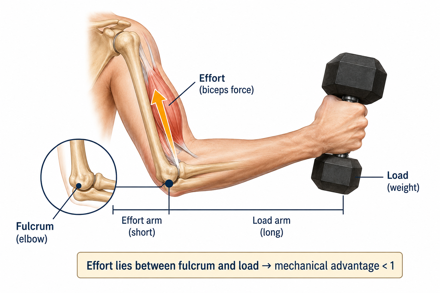 The forearm as a third-class lever: the elbow is the fulcrum, the biceps applies its effort on the forearm close to the elbow (a short effort arm), and the weight in the hand is the load far from the elbow (a long load arm).