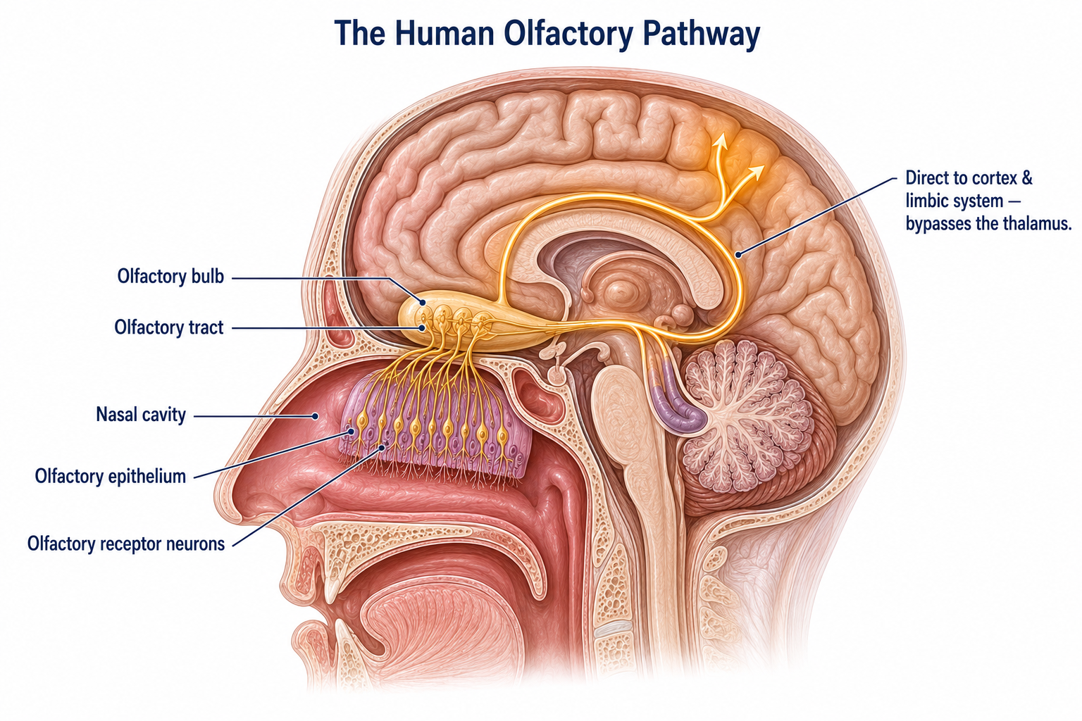 Sagittal section of the head showing the olfactory pathway: odorants in the nasal cavity stimulate olfactory receptor neurons in the olfactory epithelium, whose axons pass through the cribriform plate to the olfactory bulb, then travel via the olfactory tract directly to the cerebral cortex and limbic system — bypassing the thalamus.