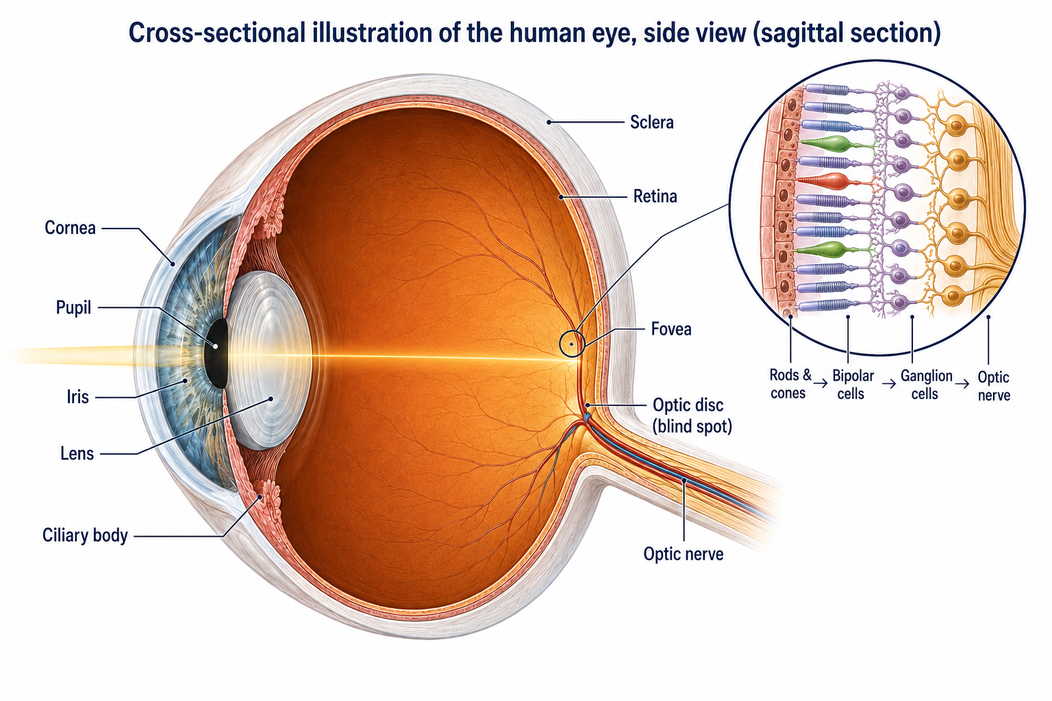 Cross-section of the human eye labeling the cornea, pupil, iris, lens, ciliary body, sclera, retina, fovea, optic disc (blind spot), and optic nerve, with an inset of the retinal cell layers showing rods and cones, bipolar cells, and ganglion cells.