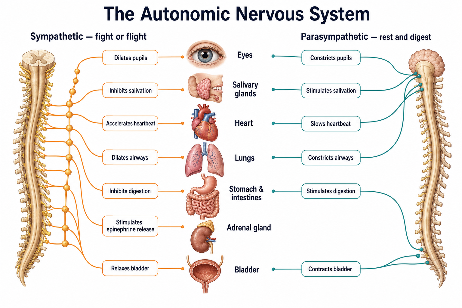 Comparison diagram of the autonomic nervous system: the sympathetic division (fight or flight) on the left and the parasympathetic division (rest and digest) on the right, showing their opposing effects on the eyes, salivary glands, heart, lungs, stomach and intestines, adrenal gland, and bladder.