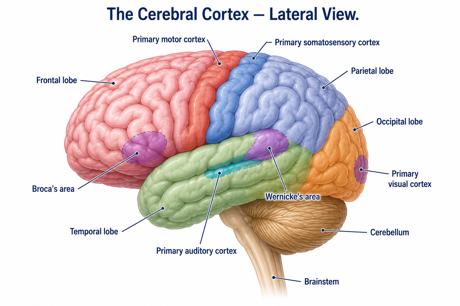 Lateral view of the cerebral hemisphere with the four lobes color-coded (frontal, parietal, temporal, occipital), plus the cerebellum and brainstem, and the functional areas labeled: primary motor cortex and primary somatosensory cortex on either side of the central sulcus, Broca's area in the inferior frontal lobe, Wernicke's area in the posterior temporal lobe, primary visual cortex in the occipital lobe, and primary auditory cortex in the superior temporal lobe.