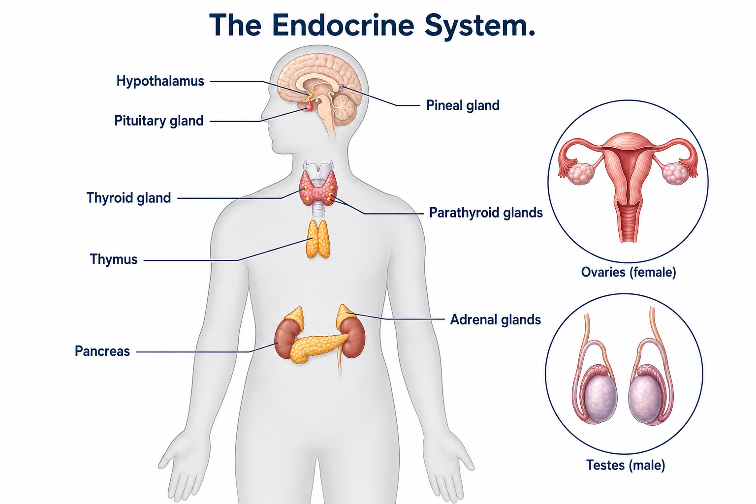 Diagram of the endocrine system showing the major glands on a neutral body silhouette — hypothalamus, pituitary, pineal, thyroid, parathyroid glands, thymus, adrenal glands, and pancreas — with the gonads in separate insets: ovaries (female) and testes (male).