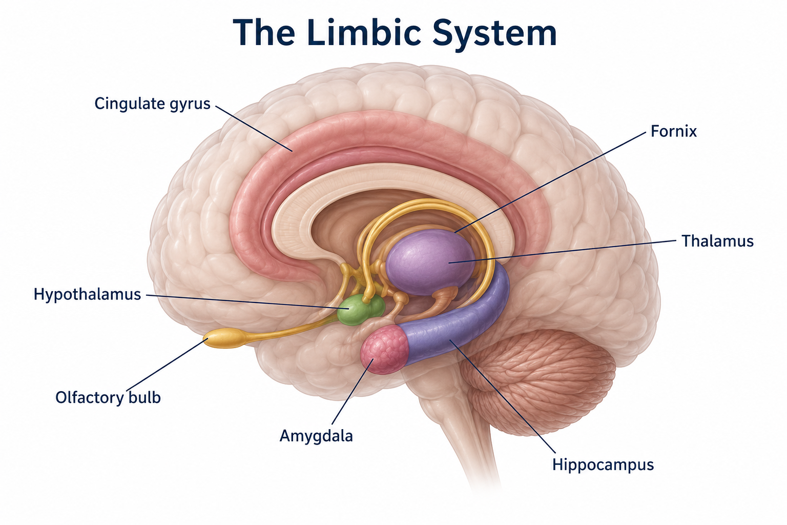 Medial view of the brain highlighting the limbic system: cingulate gyrus, fornix, thalamus, hypothalamus, amygdala, hippocampus, and olfactory bulb, with the amygdala at the anterior tip of the hippocampus.